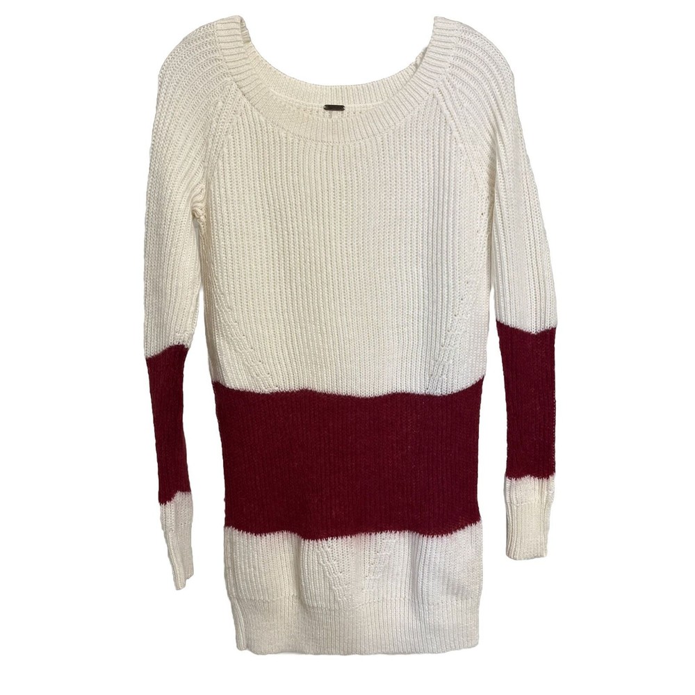 Free People Women’s Soft Cream Red Long Wool Blend Pullover Relaxed Sweater XS